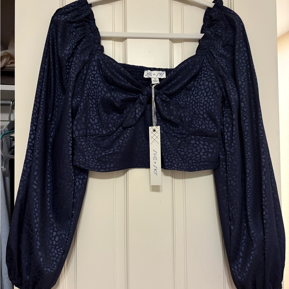 Navy Leopard Satin Crop Top